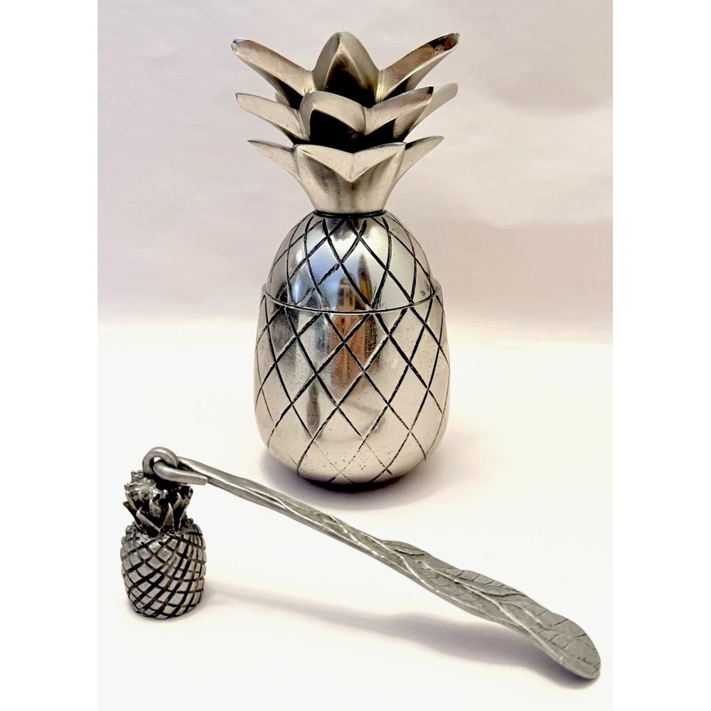 VTG Silver Pineapple Candle Holder and Snuffer Set Metal Hollywood Regency Decor
